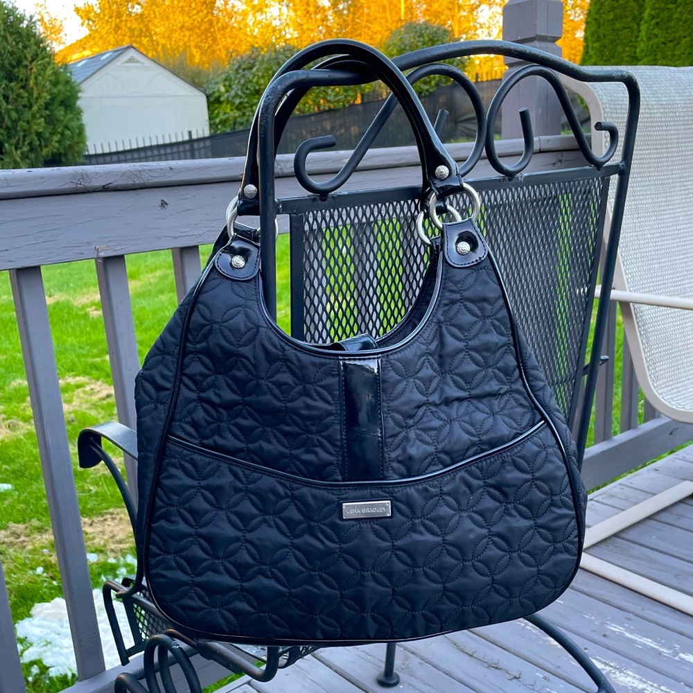 VERA BRADLEY Shoulder Quilted Black Nylon Bag Purse Faux Patent Leather LARGE
